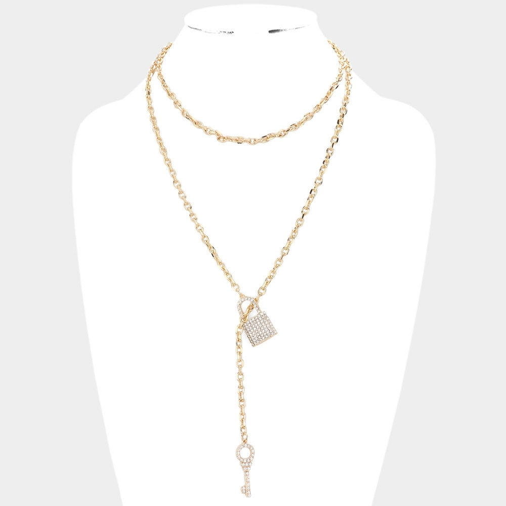 Gold Rhinestone Lock & Key Pendant Toggle Necklace Chain Crystal Link Statement